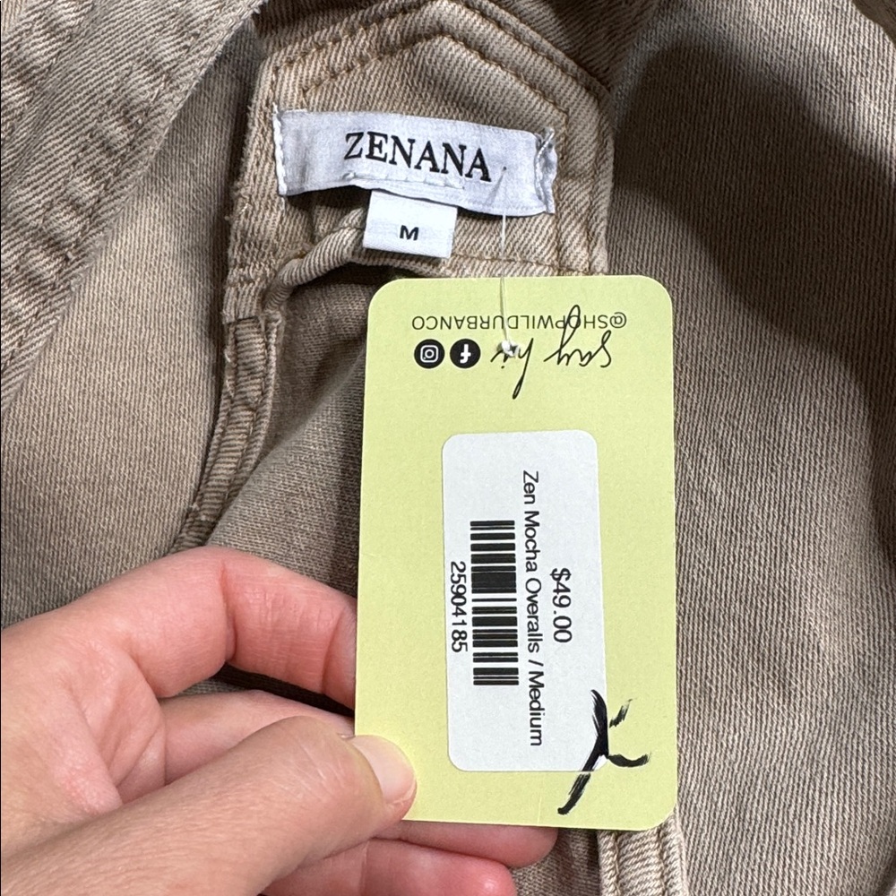 Zenana Washed Knot Strap Mocha Beige Overalls NWT Medium - Picture 7 of 10